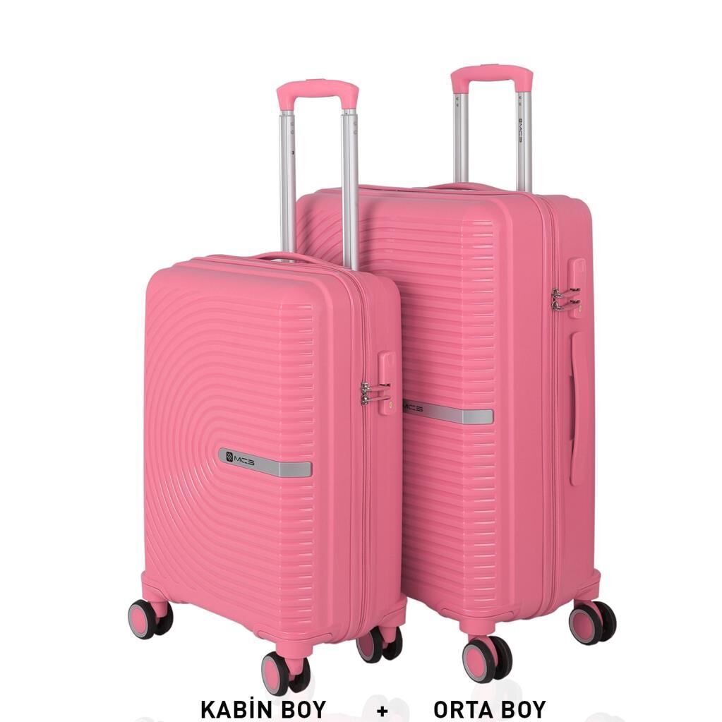 MÇS Bavul Orta ve Kabin 2li Set Kırılmaz Silikon Valiz V374 Pembe