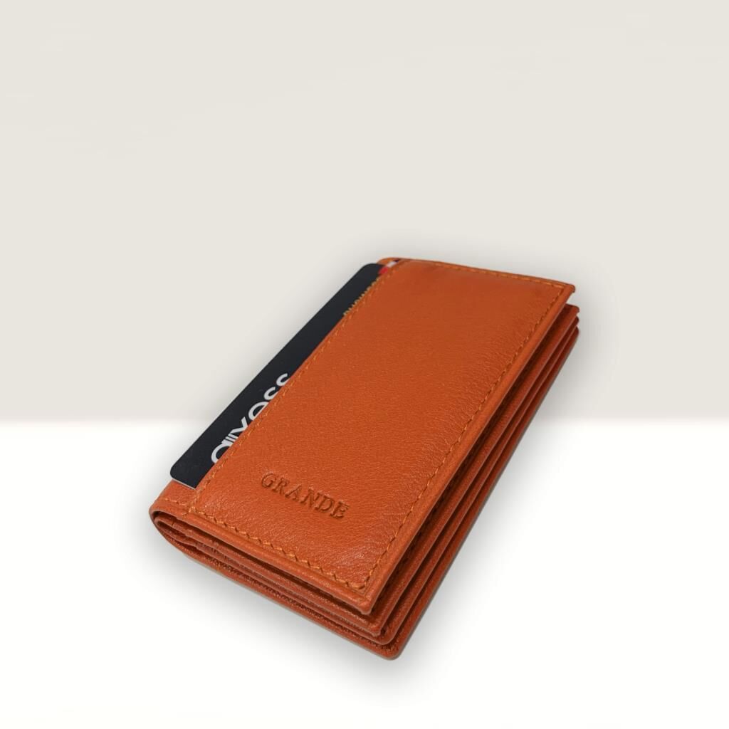 Grande Hakiki Deri Kart Cüzdanı Şeffaf Kartlık Orange