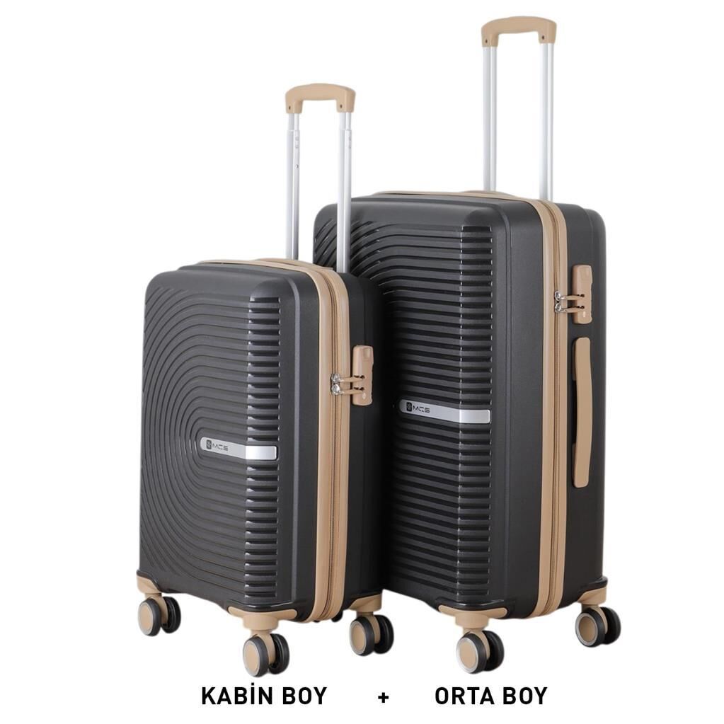 MÇS Bavul Orta ve Kabin 2li Set Kırılmaz Silikon Valiz V374 Siyah/Şampanya