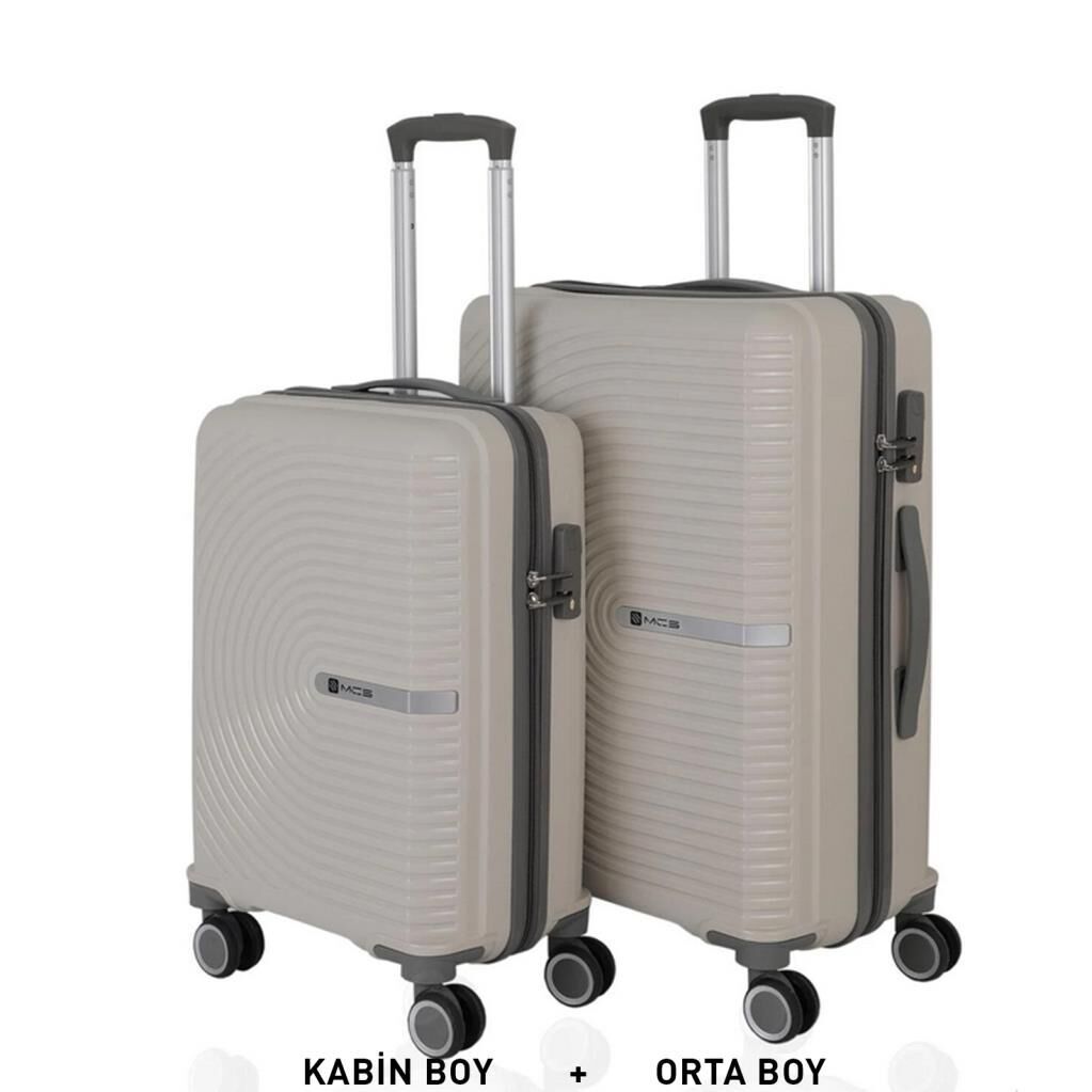 MÇS Bavul Orta ve Kabin 2li Set Kırılmaz Silikon Valiz V374 Kemik/Gri