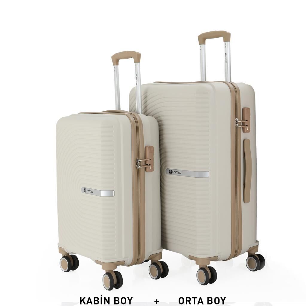 MÇS Bavul Orta ve Kabin 2li Set Kırılmaz Silikon Valiz V374 Kemik/Şampanya