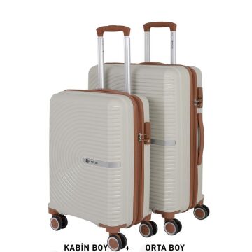 MÇS Bavul Orta ve Kabin 2li Set Kırılmaz Silikon Valiz V374 Kemik/Kahverengi