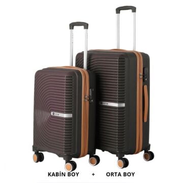 MÇS Bavul Orta ve Kabin 2li Set Kırılmaz Silikon Valiz V374 AcıKahve/Şampanya