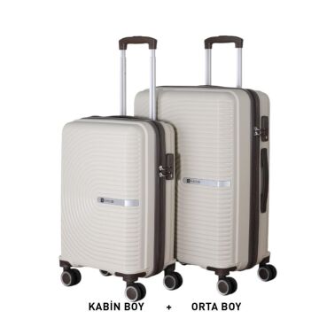 MÇS Bavul Orta ve Kabin 2li Set Kırılmaz Silikon Valiz V374 Kemik/AcıKahve