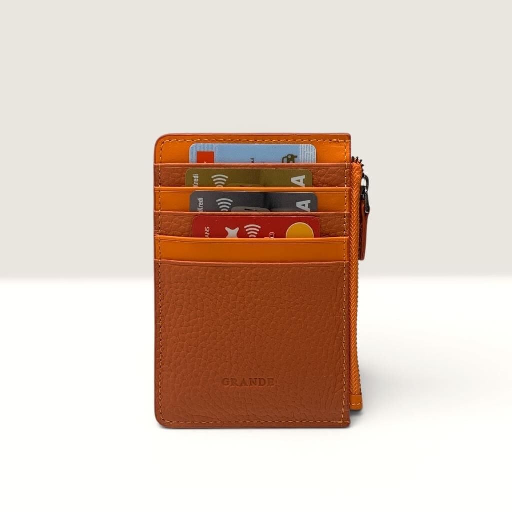 Grande Hakiki Deri Kartlık Fermuarlı Cüzdan Orange