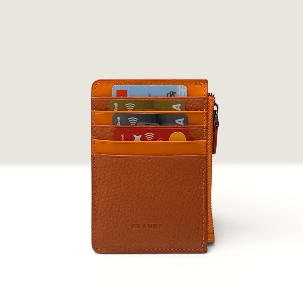 Grande Hakiki Deri Kartlık Fermuarlı Cüzdan Orange