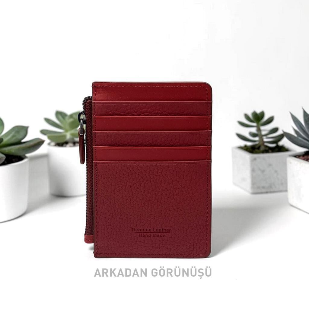 Grande Hakiki Deri Kartlık Fermuarlı Cüzdan Bordo