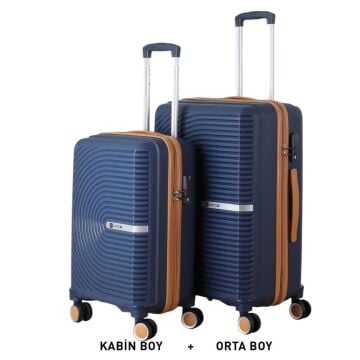 MÇS Bavul Orta ve Kabin 2li Set Kırılmaz Silikon Valiz V374 Lacivert/Hardal
