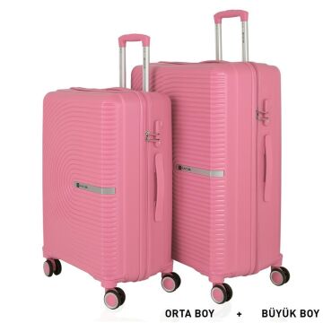 MÇS Bavul Büyük ve Orta 2li Set Kırılmaz Silikon Valiz V374 Pembe