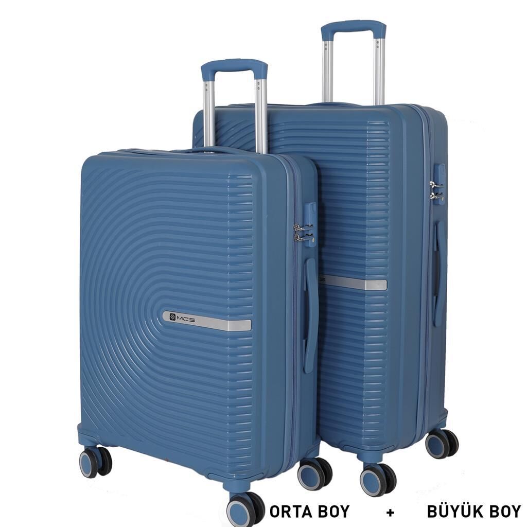 MÇS Bavul Büyük ve Orta 2li Set Kırılmaz Silikon Valiz V374 Sky Blue