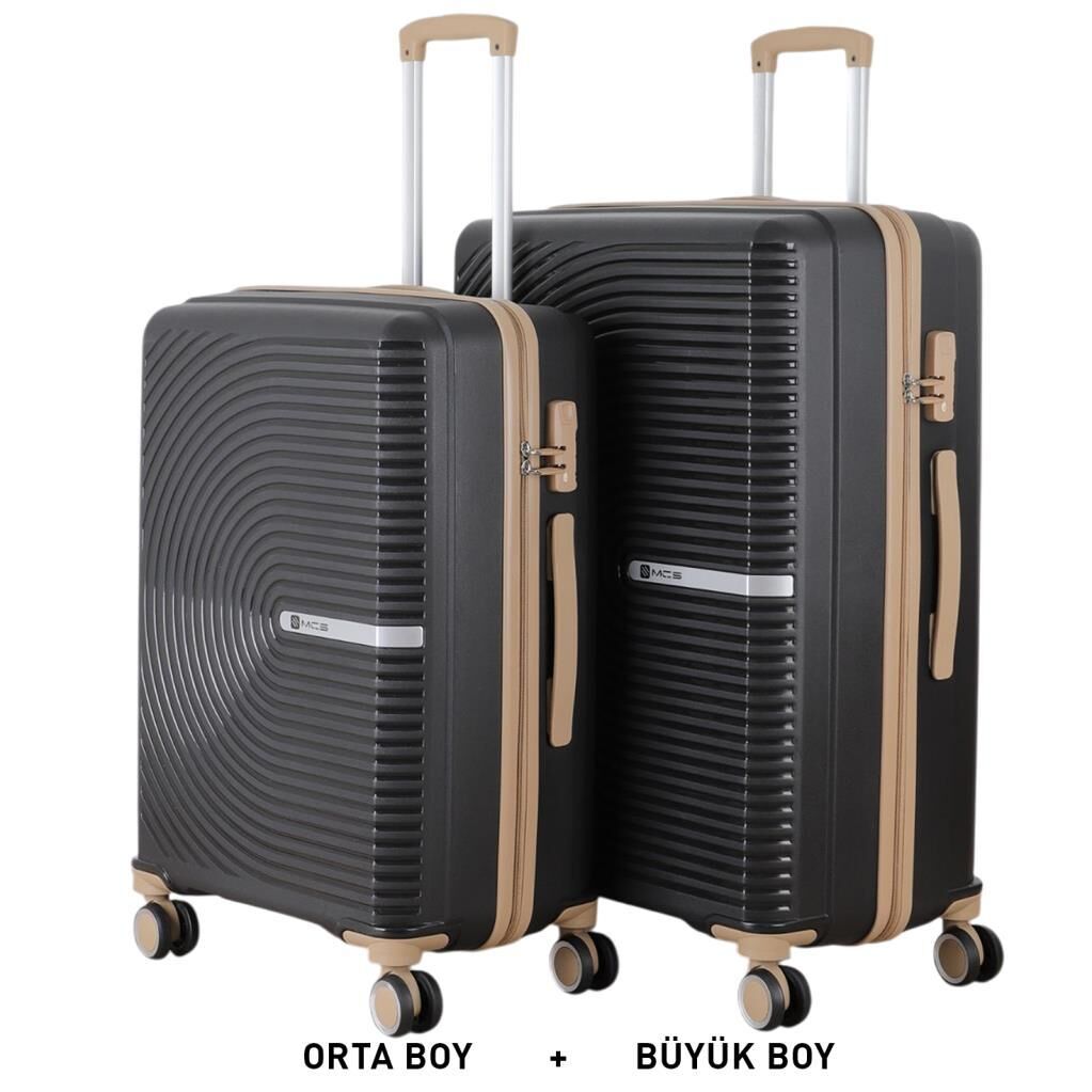 MÇS Bavul Büyük ve Orta 2li Set Kırılmaz Silikon Valiz V374 Siyah/Şampanya