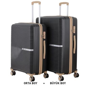 MÇS Bavul Büyük ve Orta 2li Set Kırılmaz Silikon Valiz V374 Siyah/Şampanya