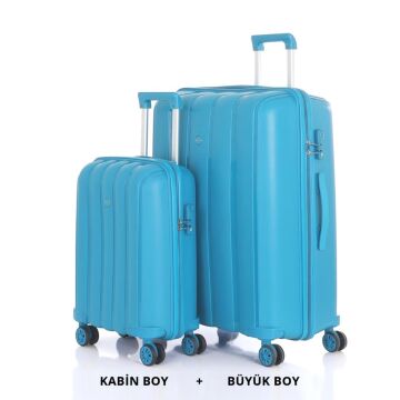 MÇS Bavul Büyük ve Kabin 2li Set Kırılmaz Silikon Valiz V305 Açık Mavi