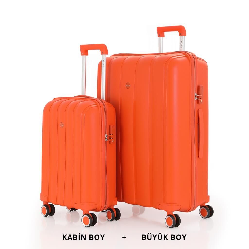MÇS Bavul Büyük ve Kabin 2li Set Kırılmaz Silikon Valiz V305 Orange