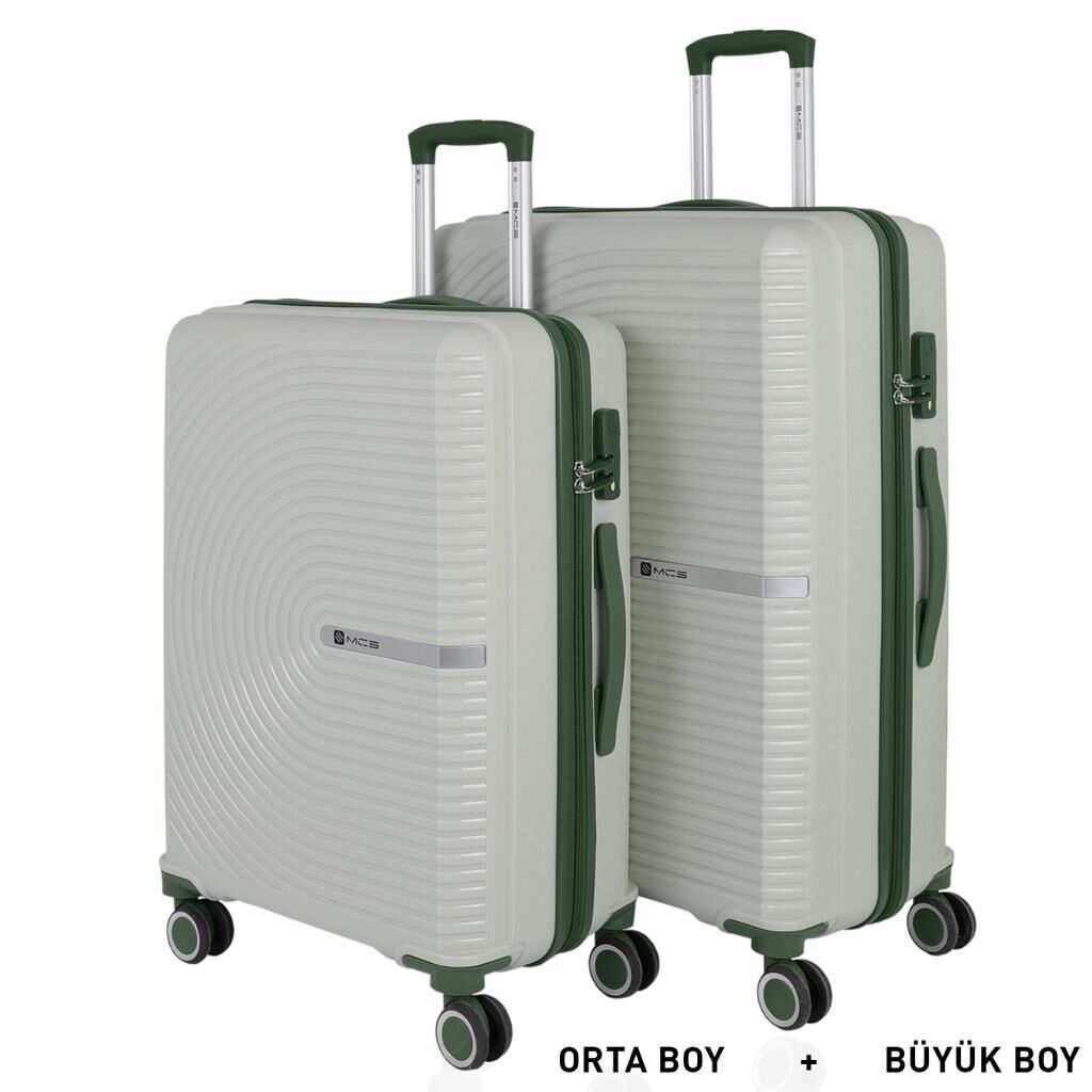 MÇS Bavul Büyük ve Orta 2li Set Kırılmaz Silikon Valiz V374 Kemik/Haki