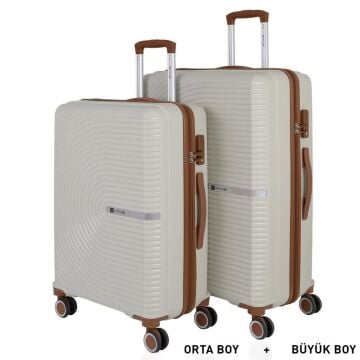 MÇS Bavul Büyük ve Orta 2li Set Kırılmaz Silikon Valiz V374 Kemik/Kahverengi