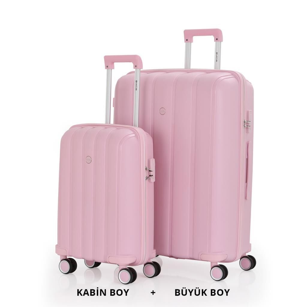MÇS Bavul Büyük ve Kabin 2li Set Kırılmaz Silikon Valiz V305 Pudra