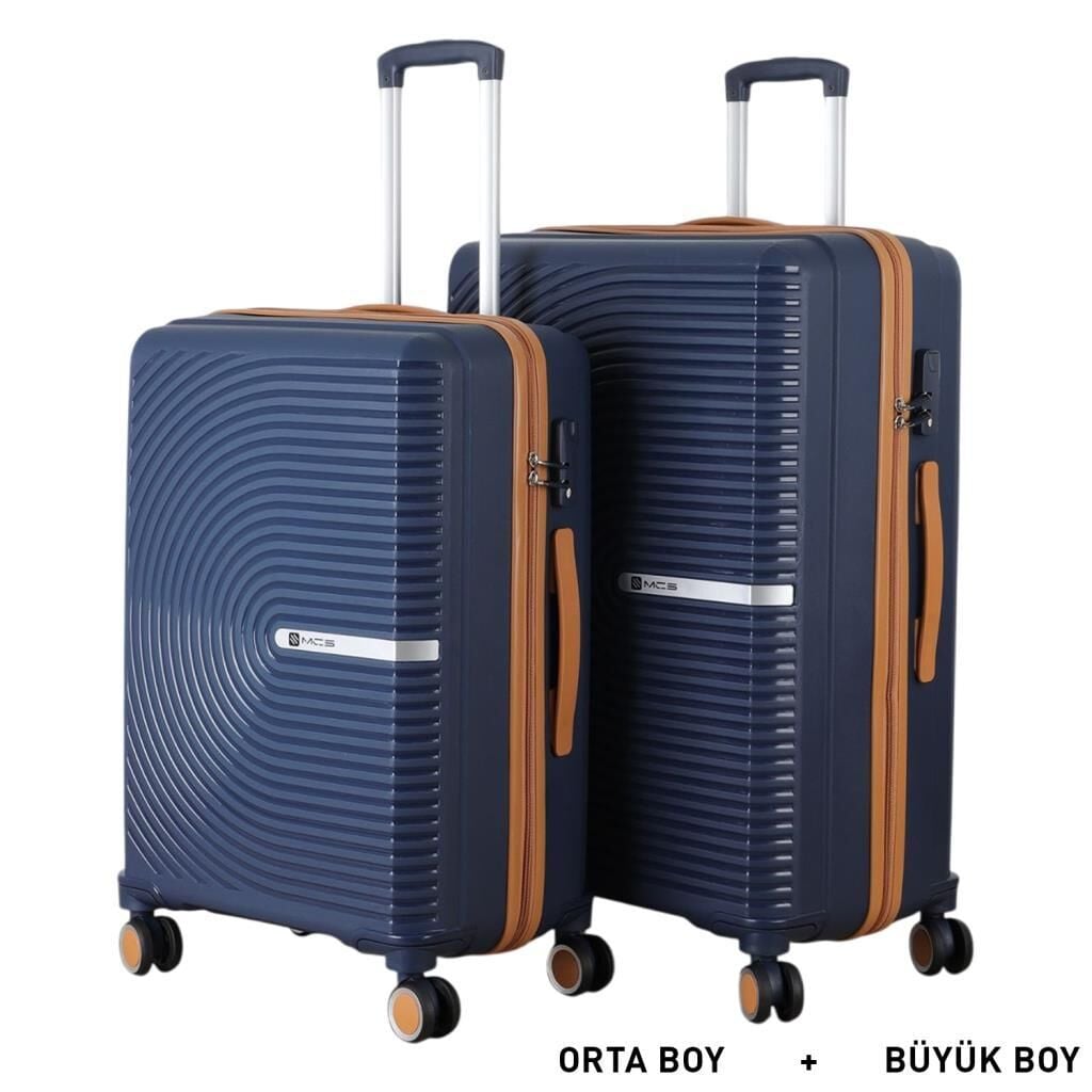 MÇS Bavul Büyük ve Orta 2li Set Kırılmaz Silikon Valiz V374 Lacivert/Hardal