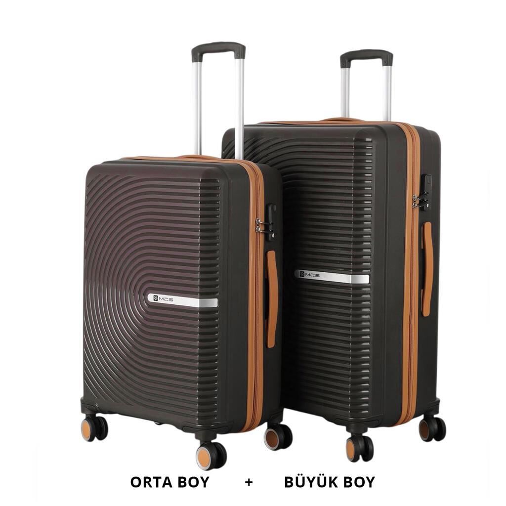 MÇS Bavul Büyük ve Orta 2li Set Kırılmaz Silikon Valiz V374 AcıKahve/Şampanya