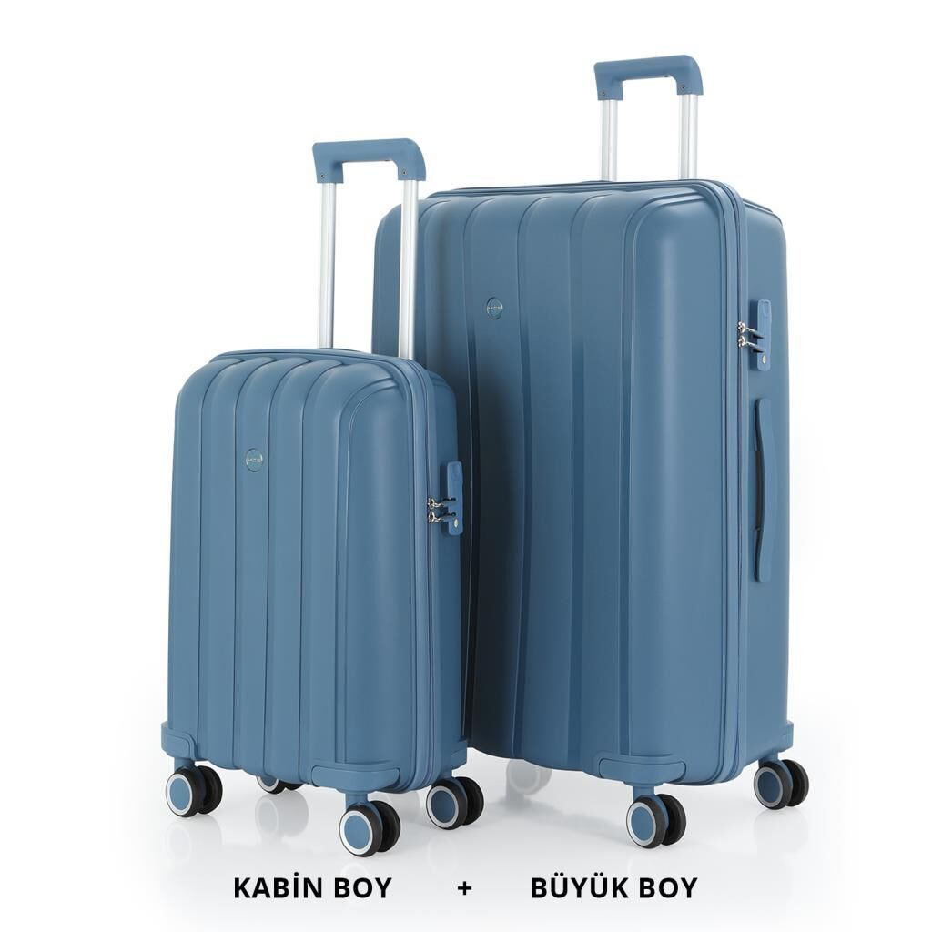 MÇS Bavul Büyük ve Kabin 2li Set Kırılmaz Silikon Valiz V305 Sky Blue