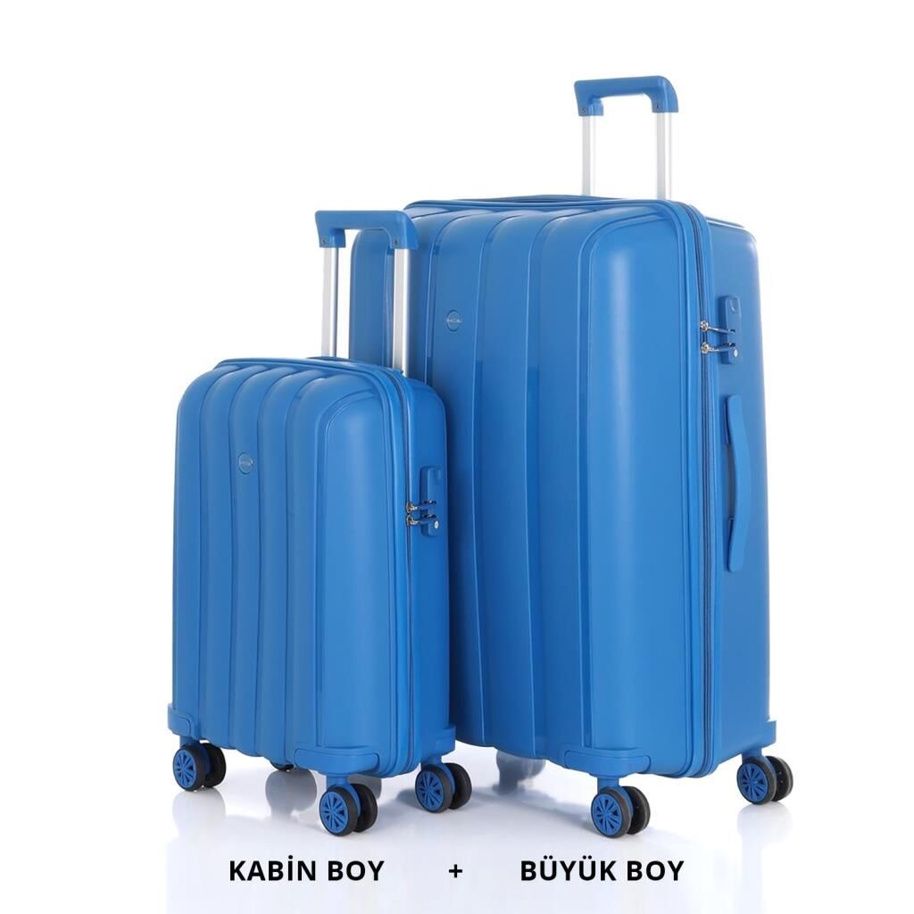 MÇS Bavul Büyük ve Kabin 2li Set Kırılmaz Silikon Valiz V305 Saks Mavi
