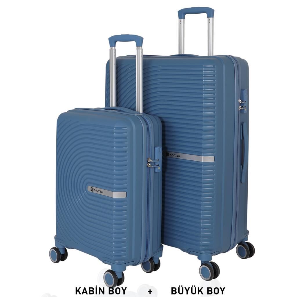 MÇS Bavul Büyük ve Kabin 2li Set Kırılmaz Silikon Valiz V374 Sky Blue