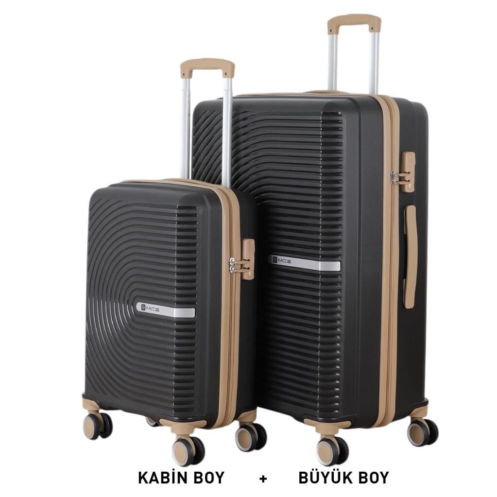 MÇS Bavul Büyük ve Kabin 2li Set Kırılmaz Silikon Valiz V374 Siyah/Şampanya