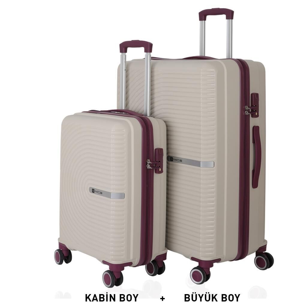 MÇS Bavul Büyük ve Kabin 2li Set Kırılmaz Silikon Valiz V374 Kemik/Mürdüm