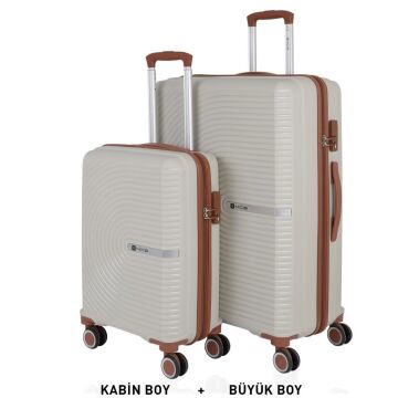 MÇS Bavul Büyük ve Kabin 2li Set Kırılmaz Silikon Valiz V374 Kemik/Kahverengi
