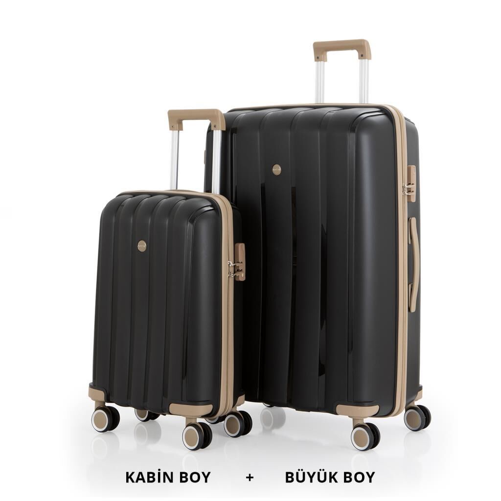 MÇS Bavul Büyük ve Kabin 2li Set Kırılmaz Silikon Valiz V305 Siyah/Şampanya