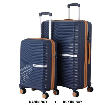 MÇS Bavul Büyük ve Kabin 2li Set Kırılmaz Silikon Valiz V374 Lacivert/Hardal