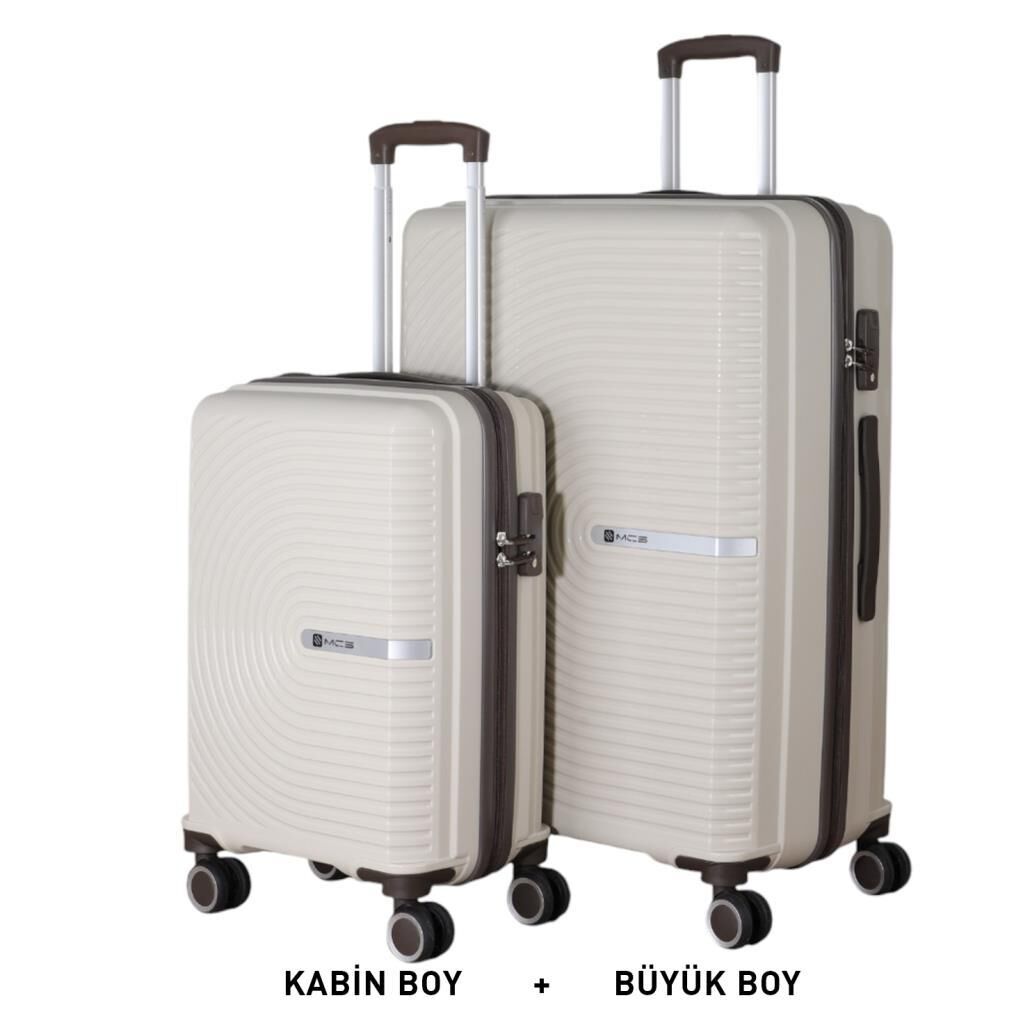 MÇS Bavul Büyük ve Kabin 2li Set Kırılmaz Silikon Valiz V374 Kemik/AcıKahve