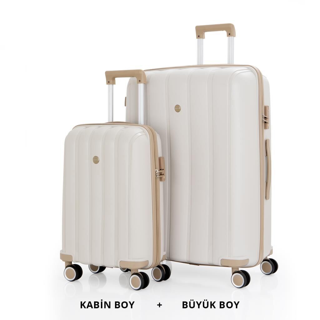 MÇS Bavul Büyük ve Kabin 2li Set Kırılmaz Silikon Valiz V305 Kemik/Şampanya
