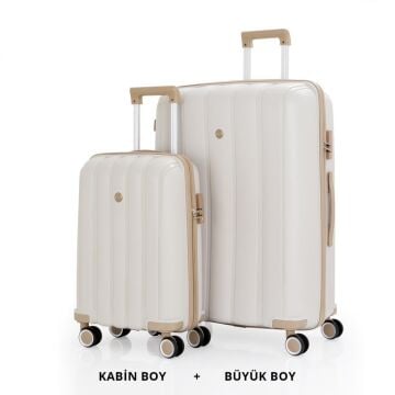 MÇS Bavul Büyük ve Kabin 2li Set Kırılmaz Silikon Valiz V305 Kemik/Şampanya