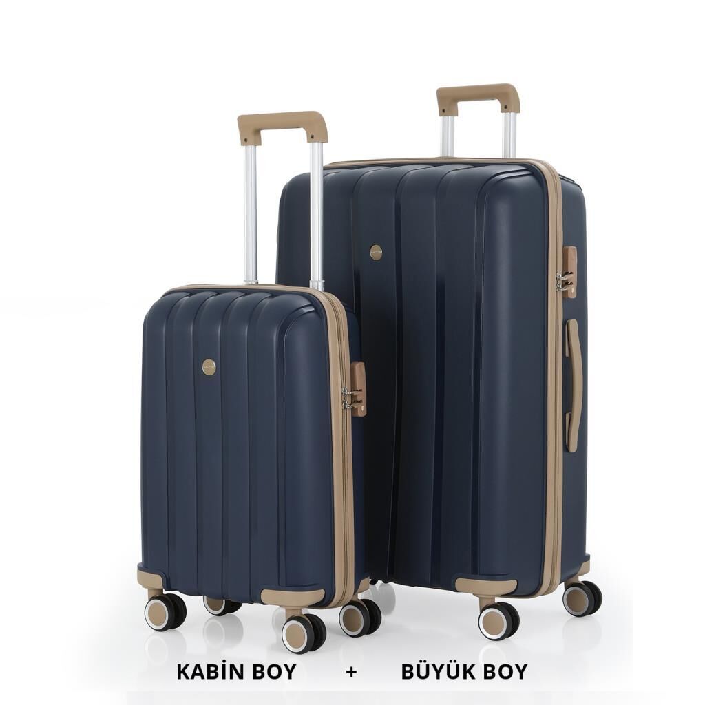 MÇS Bavul Büyük ve Kabin 2li Set Kırılmaz Silikon Valiz V305 Laci/Şampanya