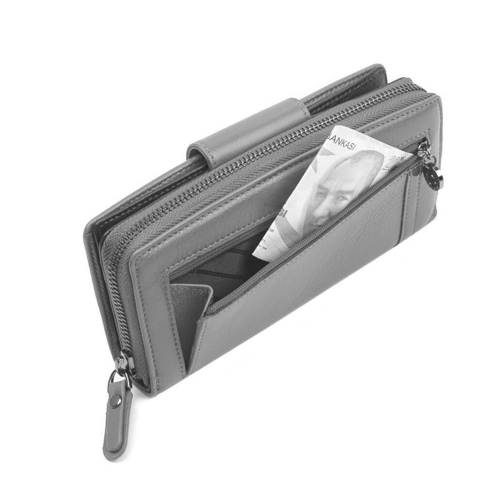 Grande Gerçek Deri Bayan Cüzdanı Büyük Boy Hakiki Deri Buz Mavi