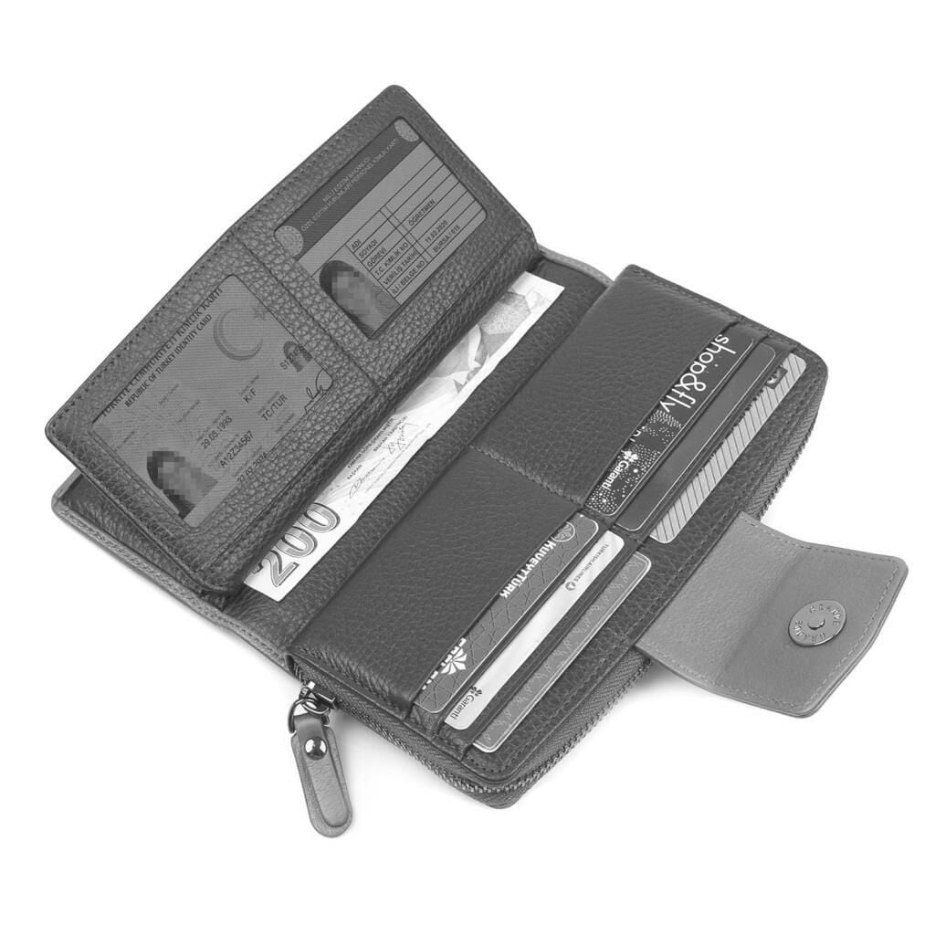 Grande Gerçek Deri Bayan Cüzdanı Büyük Boy Hakiki Deri Buz Mavi