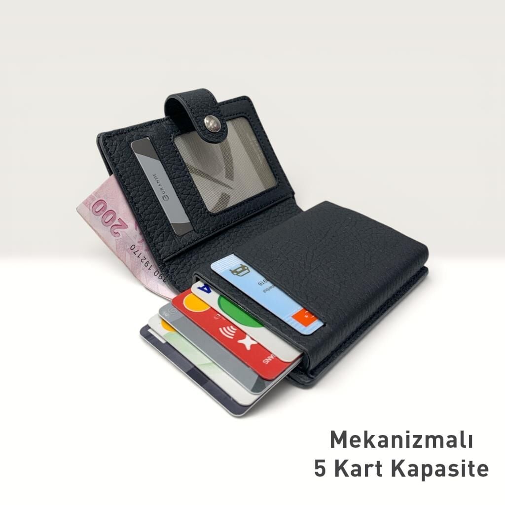 Grande Hakiki Deri Mekanizmalı Mandallı Kartlık Cüzdan RFID Siyah