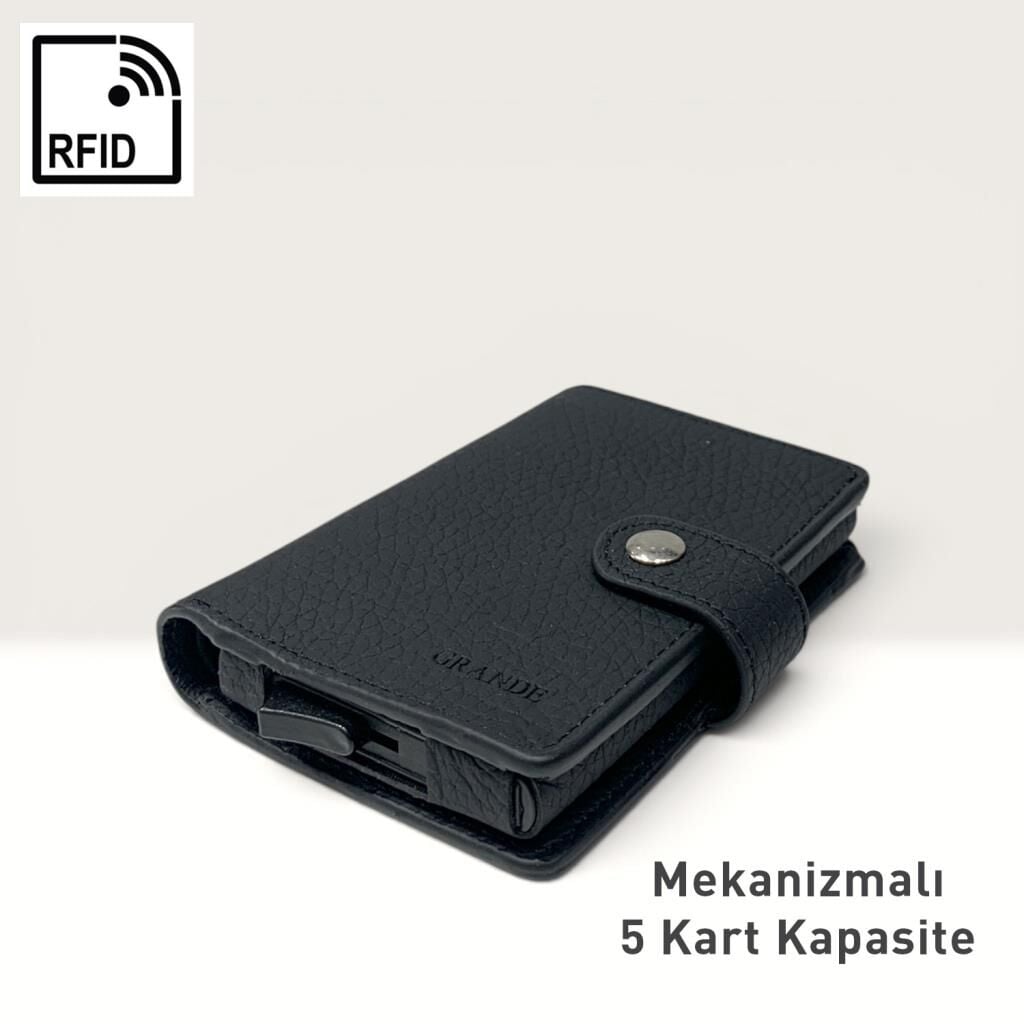 Grande Hakiki Deri Mekanizmalı Mandallı Kartlık Cüzdan RFID Siyah