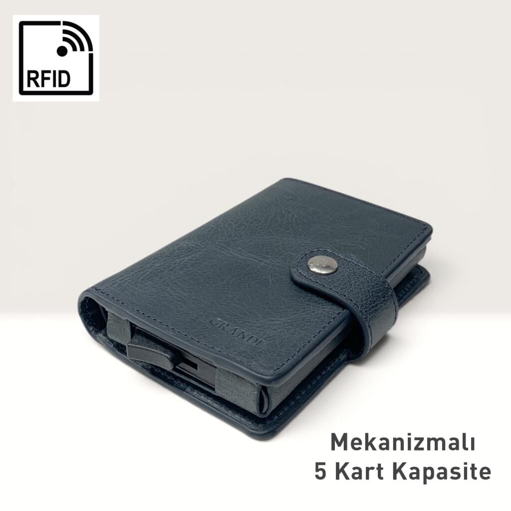 Grande Hakiki Deri Mekanizmalı Mandallı Kartlık Cüzdan RFID Lacivert