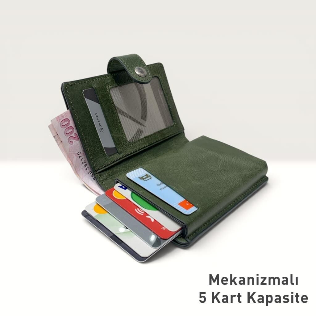Grande Hakiki Deri Mekanizmalı Mandallı Kartlık Cüzdan RFID Yeşil