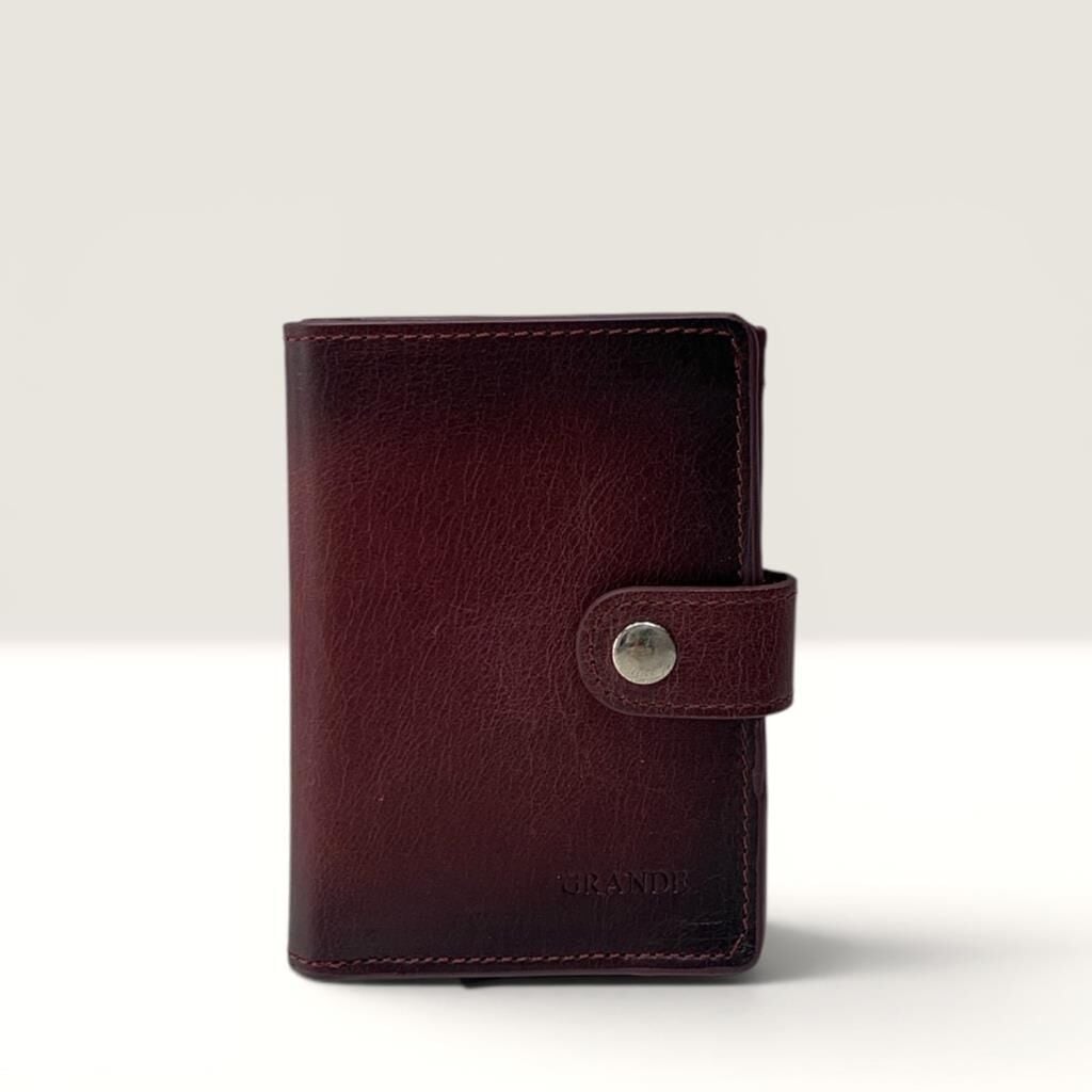 Grande Hakiki Deri Mekanizmalı Mandallı Kartlık Cüzdan RFID Bordo