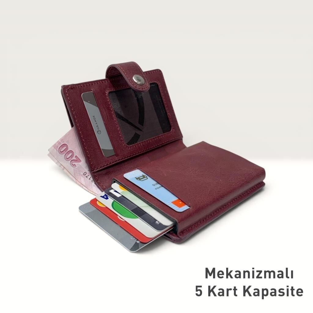 Grande Hakiki Deri Mekanizmalı Mandallı Kartlık Cüzdan RFID Bordo