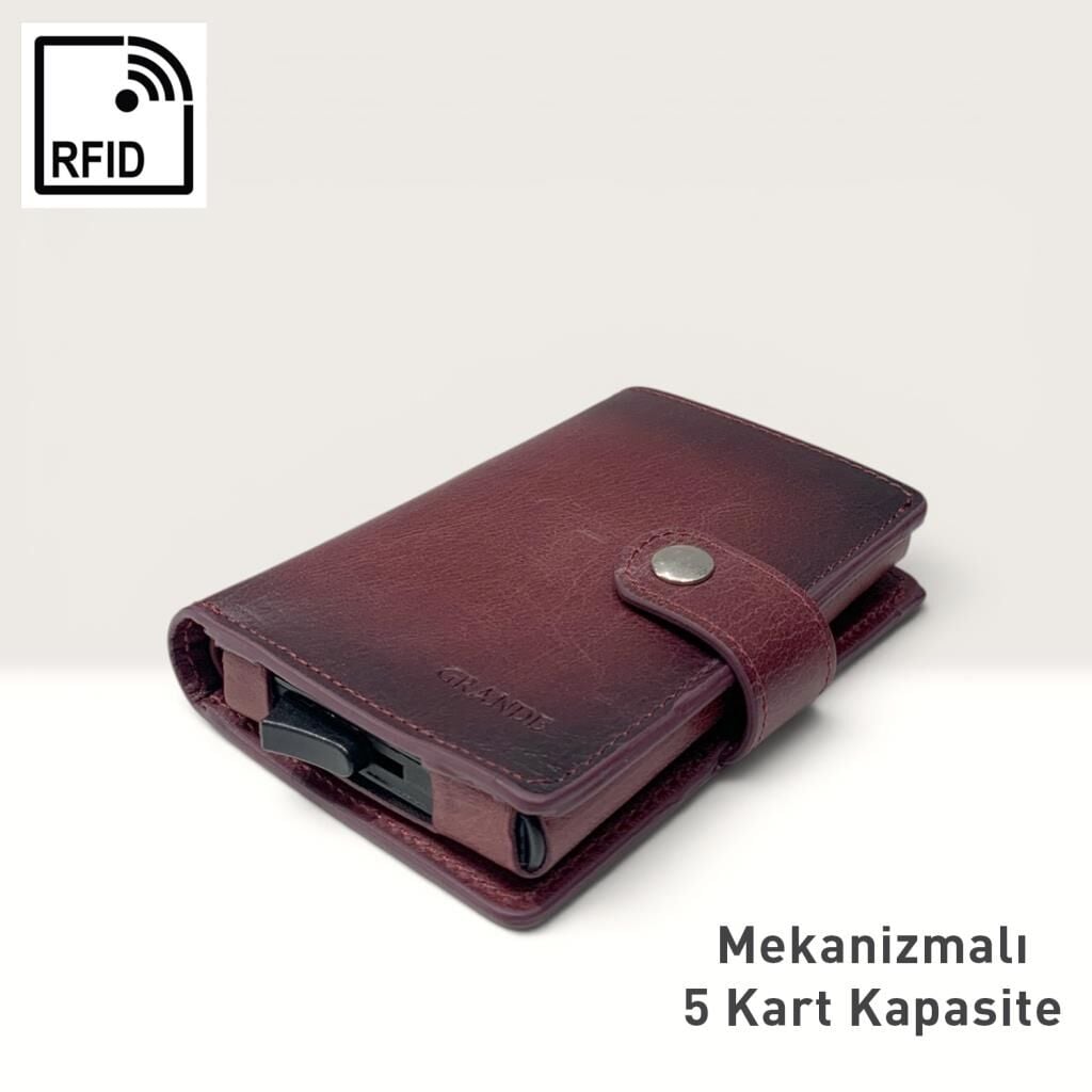 Grande Hakiki Deri Mekanizmalı Mandallı Kartlık Cüzdan RFID Bordo