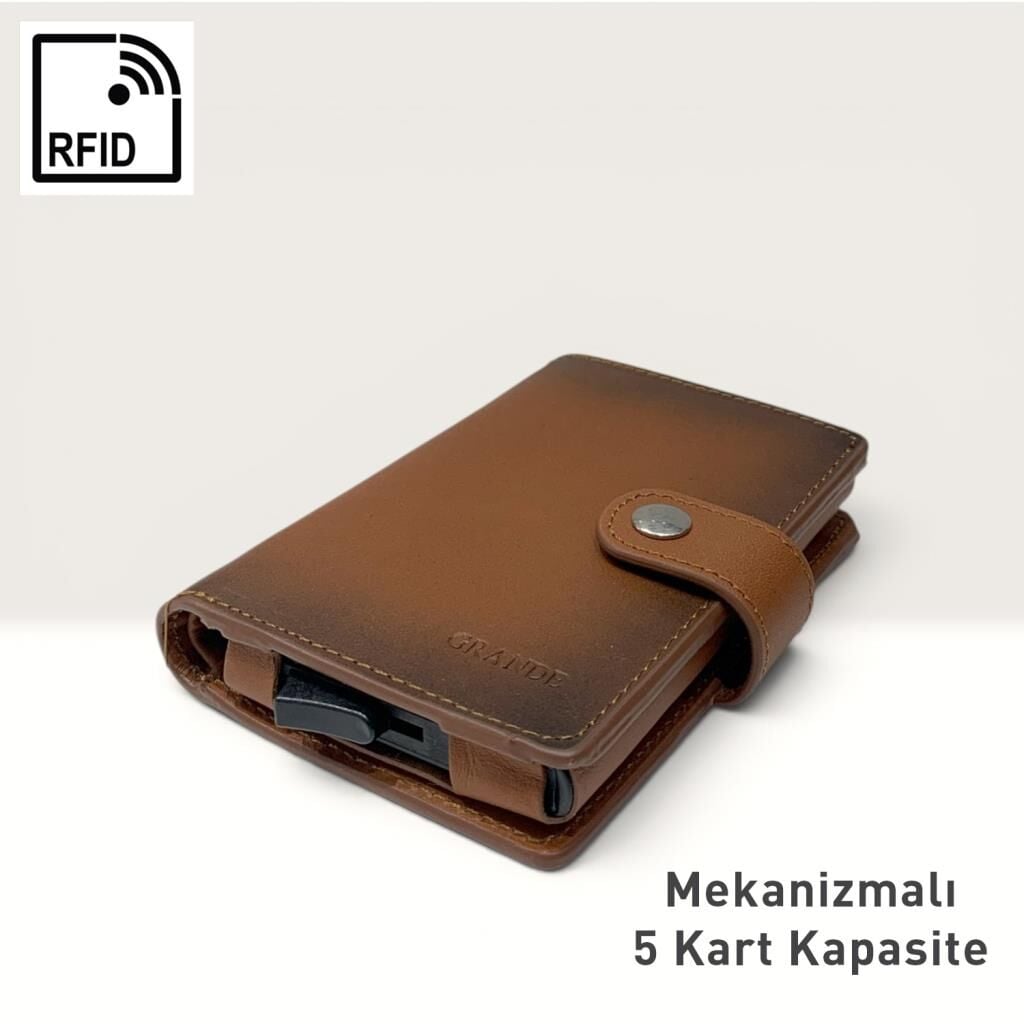 Grande Hakiki Deri Mekanizmalı Mandallı Kartlık Cüzdan RFID Fındık