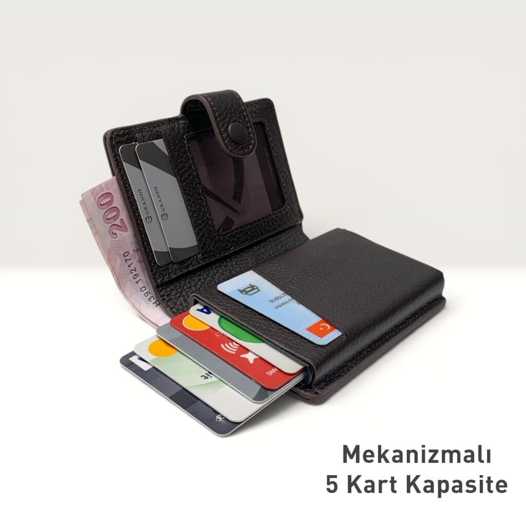 Grande Hakiki Deri Mekanizmalı Mandallı Kartlık Cüzdan RFID Kahve