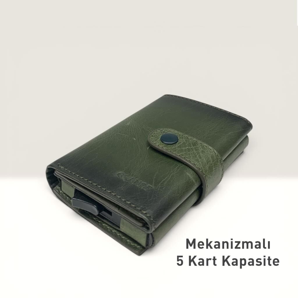 Grande Hakiki Deri Mekanizmalı Mandallı Kartlık Cüzdan RFID Yeşil