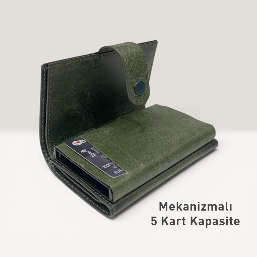 Grande Hakiki Deri Mekanizmalı Mandallı Kartlık Cüzdan RFID Yeşil