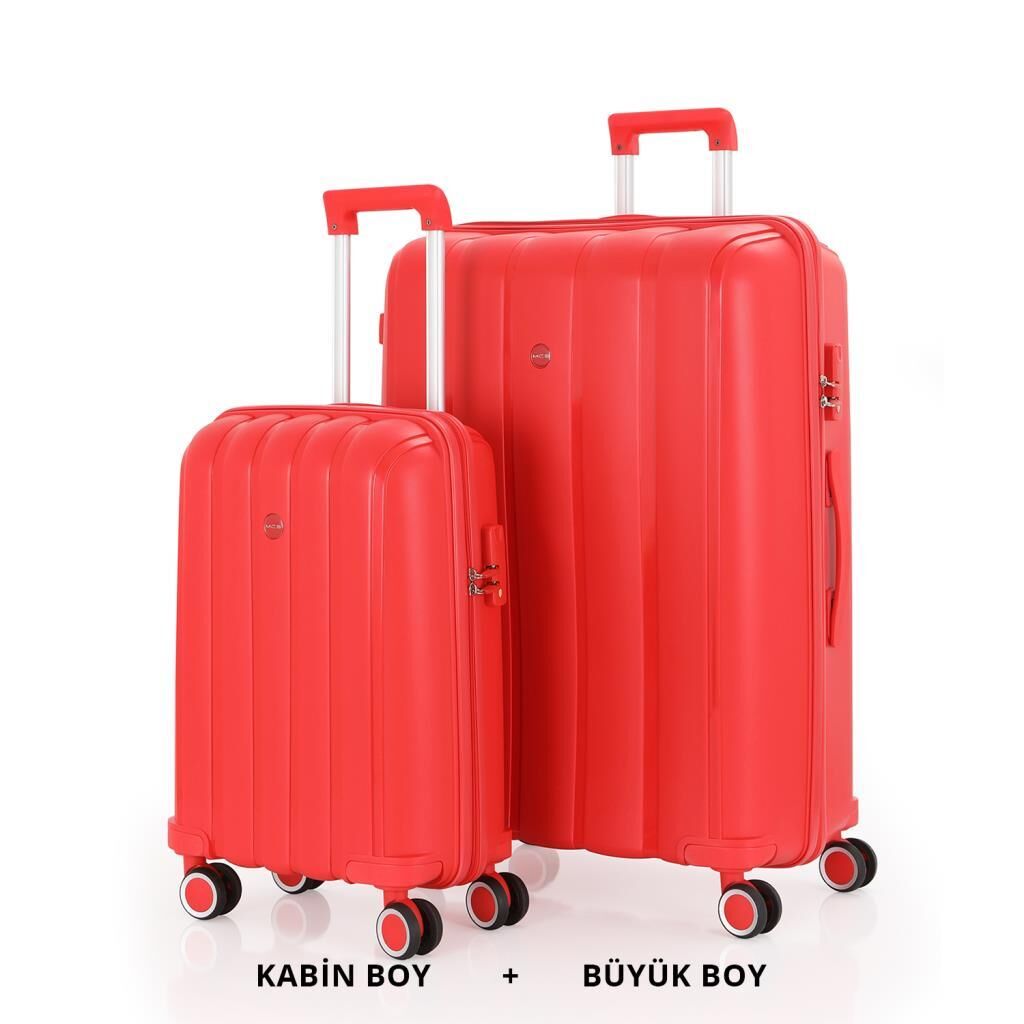 MÇS Bavul Büyük ve Kabin 2li Set Kırılmaz Silikon Valiz V305 Kırmızı