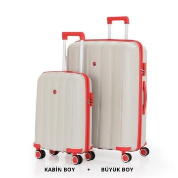 MÇS Bavul Büyük ve Kabin 2li Set Kırılmaz Silikon Valiz V305 Kemik/Mercan